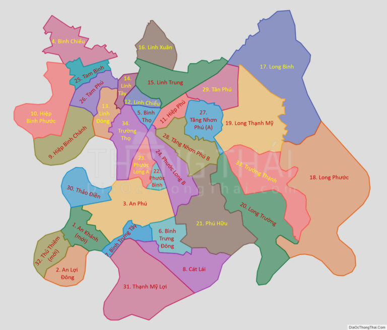Bản đồ 34 phường của Thành phố Thủ Đức (có nhãn và đánh số thứ tự)