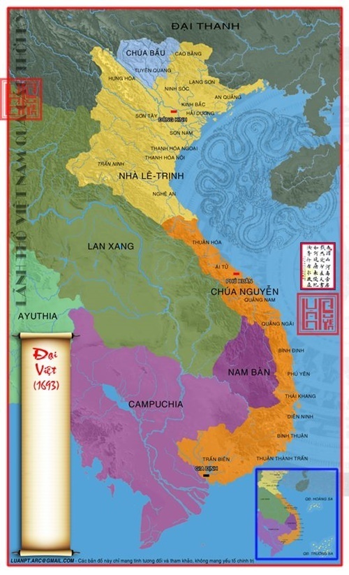 Bản đồ lãnh thổ Việt Nam năm 1693, chúa Nguyễn Phúc Chu chính thức sáp nhập phần còn lại của vương quốc Chiêm Thành
